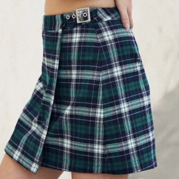 BRANDY MELVILLE John Galt Emerson Plaid Mini Wrap Skirt One Size Blue Green B85 - Picture 1 of 6